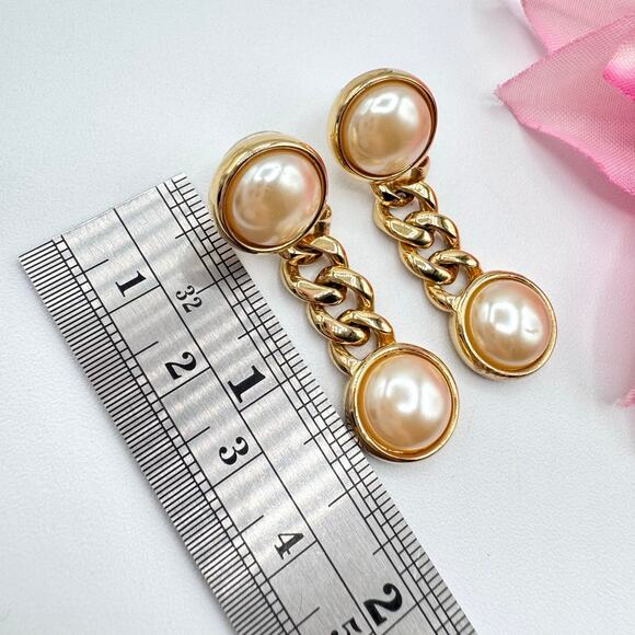 Erwin Pearl Faux Pearl Cabochon Curb Chain Drop Earrings Gold Tone Chic Signed - Picture 10 of 12